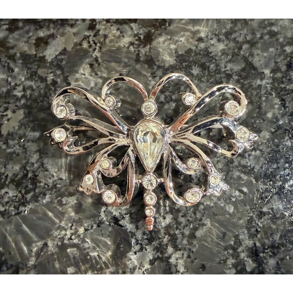 Silver Butterfly Brooch Pin With Crystal Rhinestones & Teardrop Centerpiece